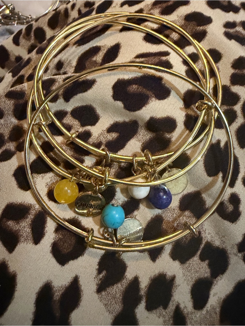 Gold Charm Bangle Bracelet with encouraging words and Accent bead